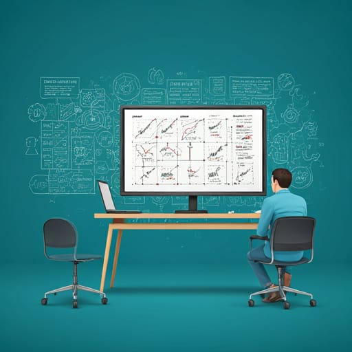 Persona frente a una pantalla grande y portátil en posición de análisis de diferentes datas para la planificación estratégica